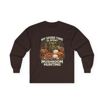 Mushroom Hunting Long Sleeve Tee — "My Spore Time Is Spent" For Foragers & Nature Lovers