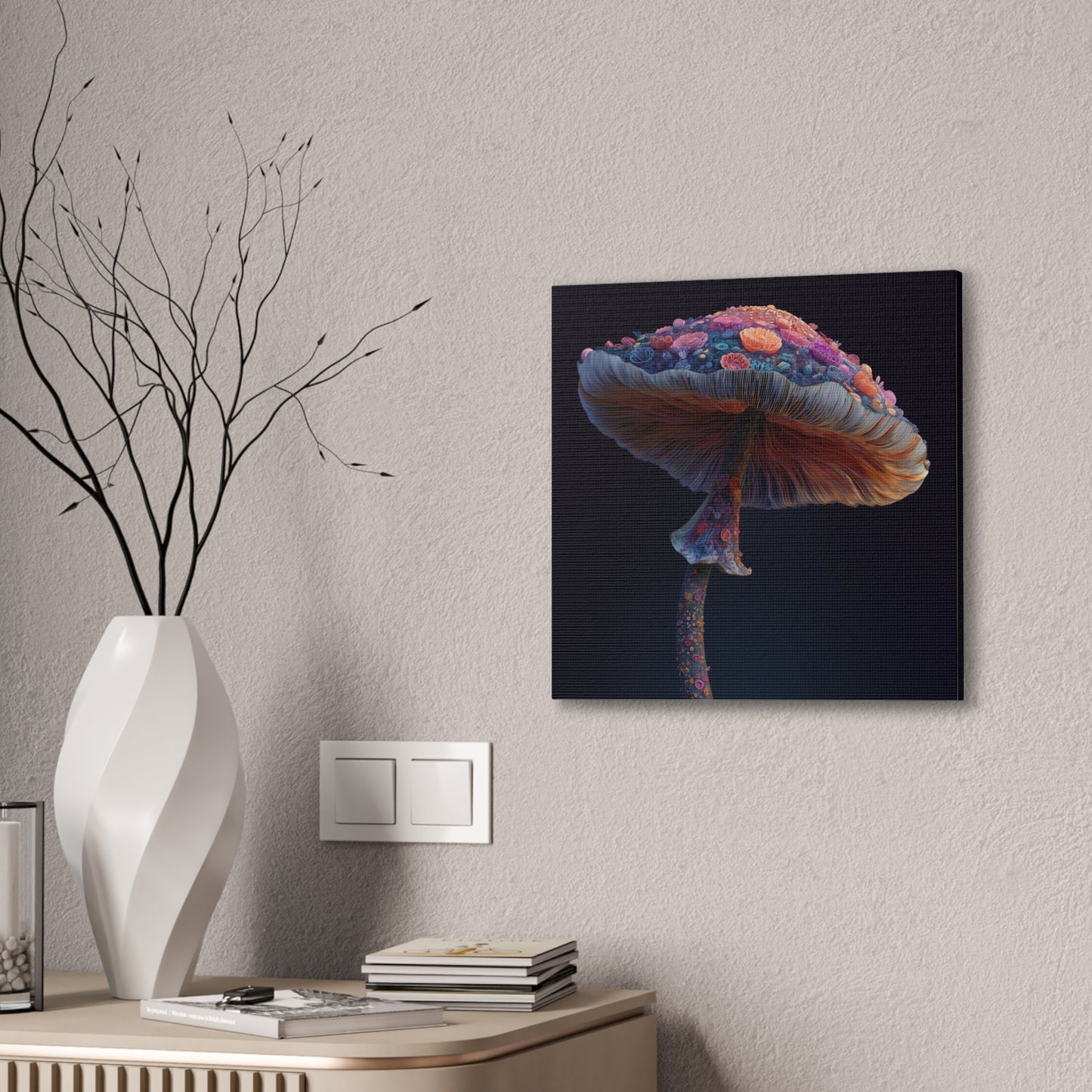 Flower Cap-Mushroom Canvas Art, Stretched Wall Decor, Bohemian Home Decor, Psychedelic Wall Art, Nature-Inspired Art