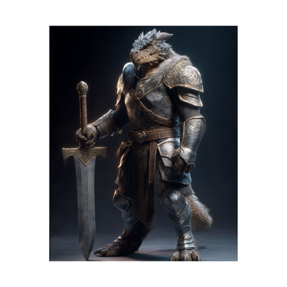 Fantasy Dragon Born Knight Satin Paper Poster — Armored Dragonborn Warrior Wall Art