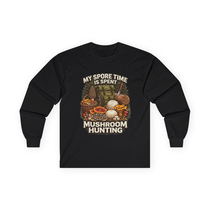 Mushroom Hunting Long Sleeve Tee — "My Spore Time Is Spent" For Foragers & Nature Lovers