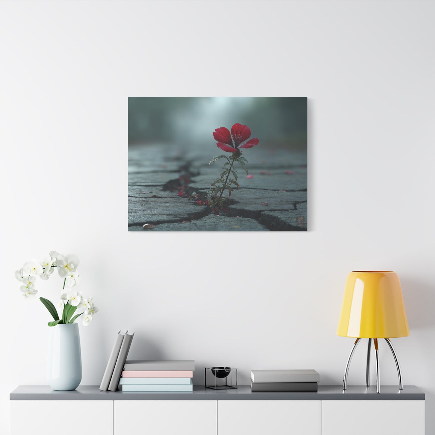 Resilient Bloom: Urban Concrete Nature, Defiant Red Flower Symbolism--1aceswild.myshopify.com