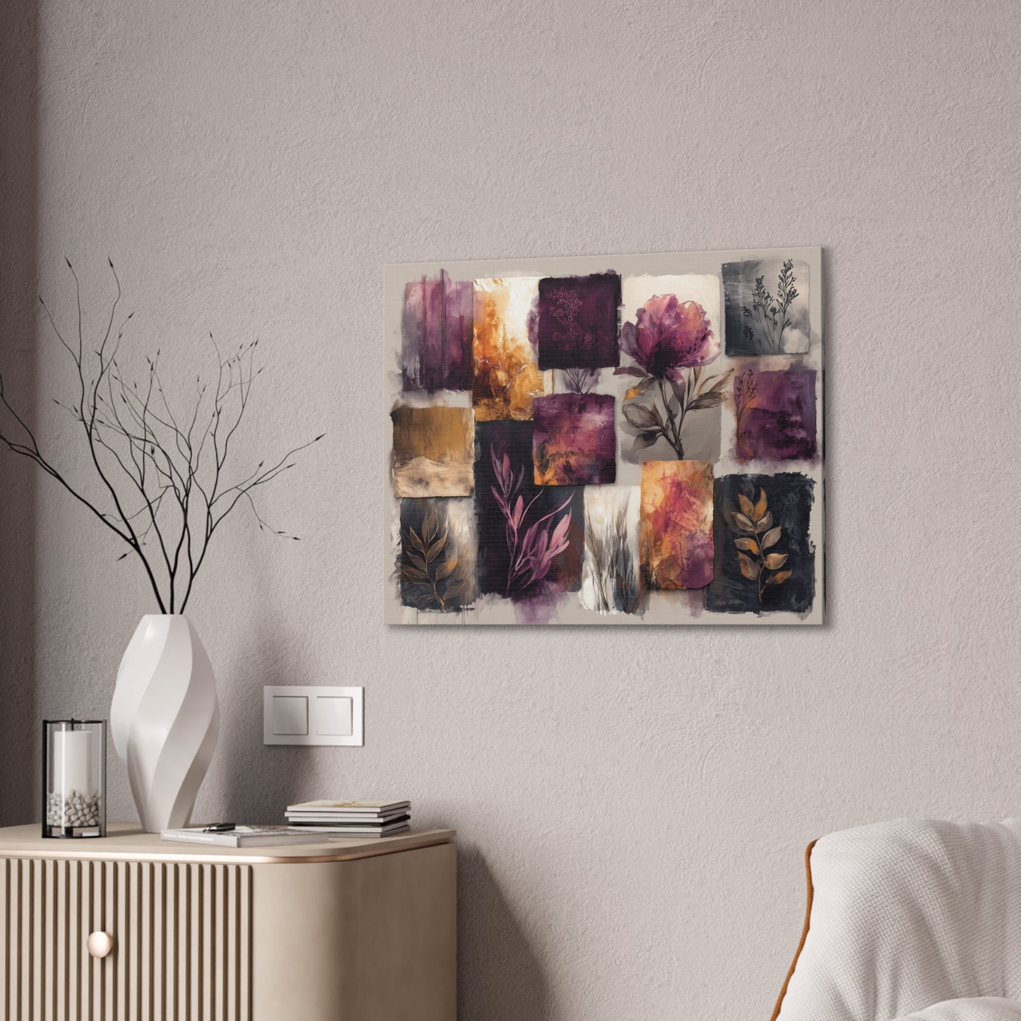 Golden Plum Series #2 -Floral Canvas Wall Art, Abstract Flowers Print, Home Decor, Living Room Artwork, Purple and Gold Wall Decor