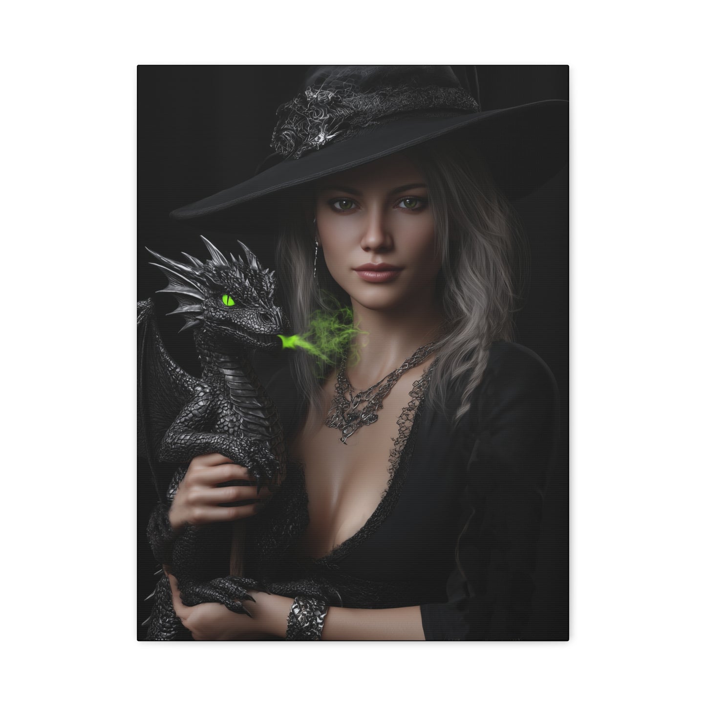 Mystical Dragon Wall Art, Dark Fantasy Home Decor, Witch and Dragon Canvas, Enchanted Art Print, Gothic Room Decoration