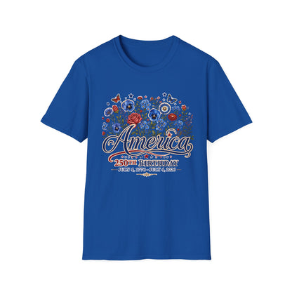 America 250th Birthday Floral T-Shirt — Patriotic 4th of July Tee