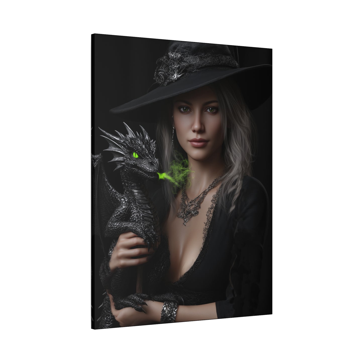 Mystical Dragon Wall Art, Dark Fantasy Home Decor, Witch and Dragon Canvas, Enchanted Art Print, Gothic Room Decoration