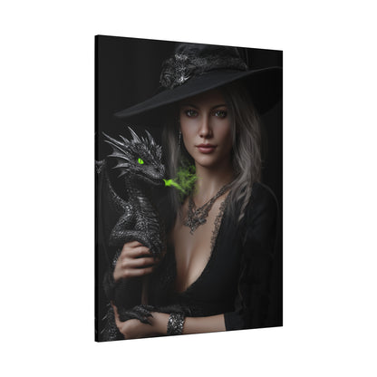 Mystical Dragon Wall Art, Dark Fantasy Home Decor, Witch and Dragon Canvas, Enchanted Art Print, Gothic Room Decoration