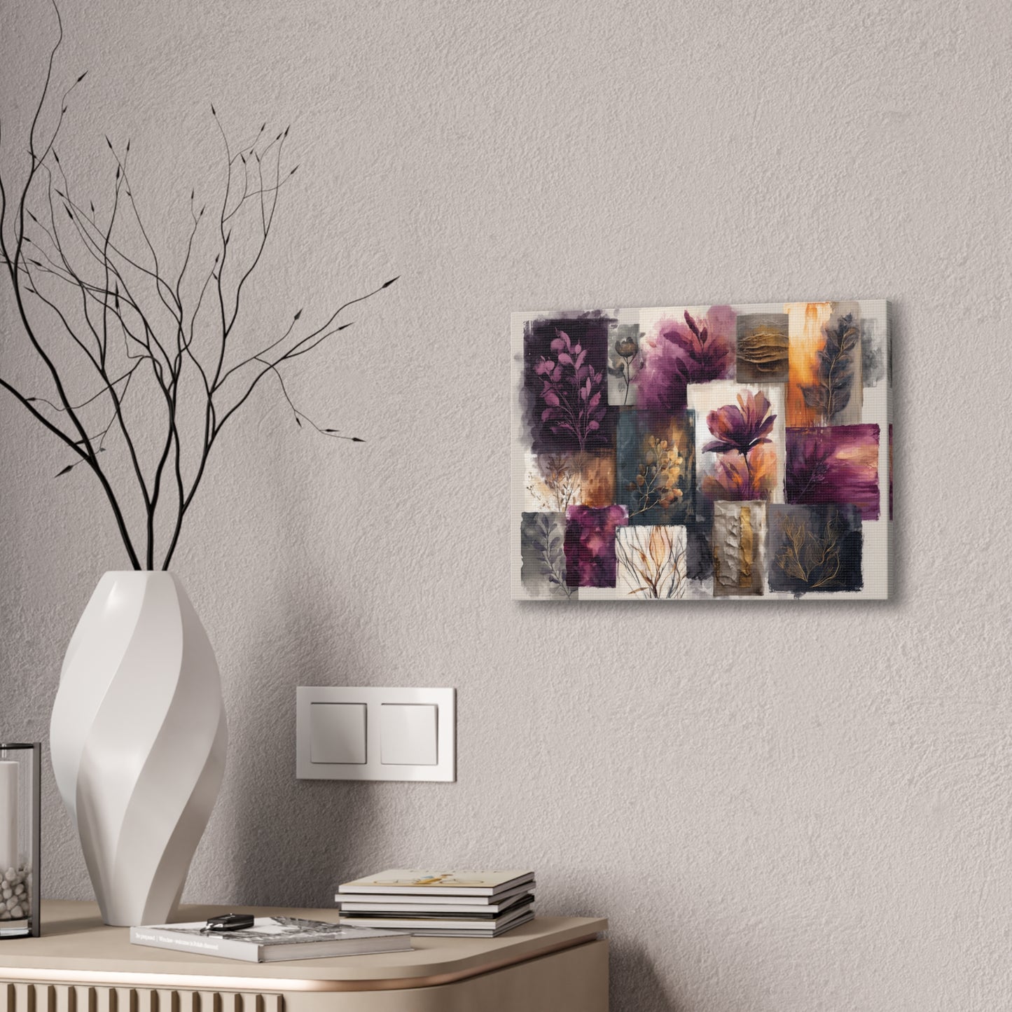 Golden Plum Series #3 Floral Canvas Wall Art, Abstract Flowers Print, Home Decor, Living Room Artwork, Purple and Gold Wall Decor