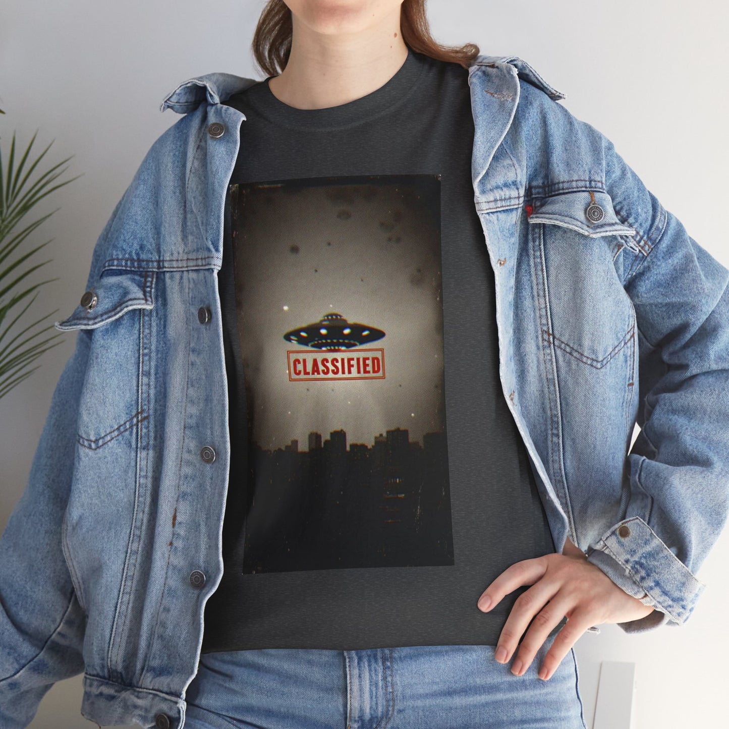 Classified UFO --Unisex Heavy Cotton Tee, Alien Graphic Tee, Sci-Fi Shirt, Gift for UFO Lovers, Casual Wear, Halloween Costume