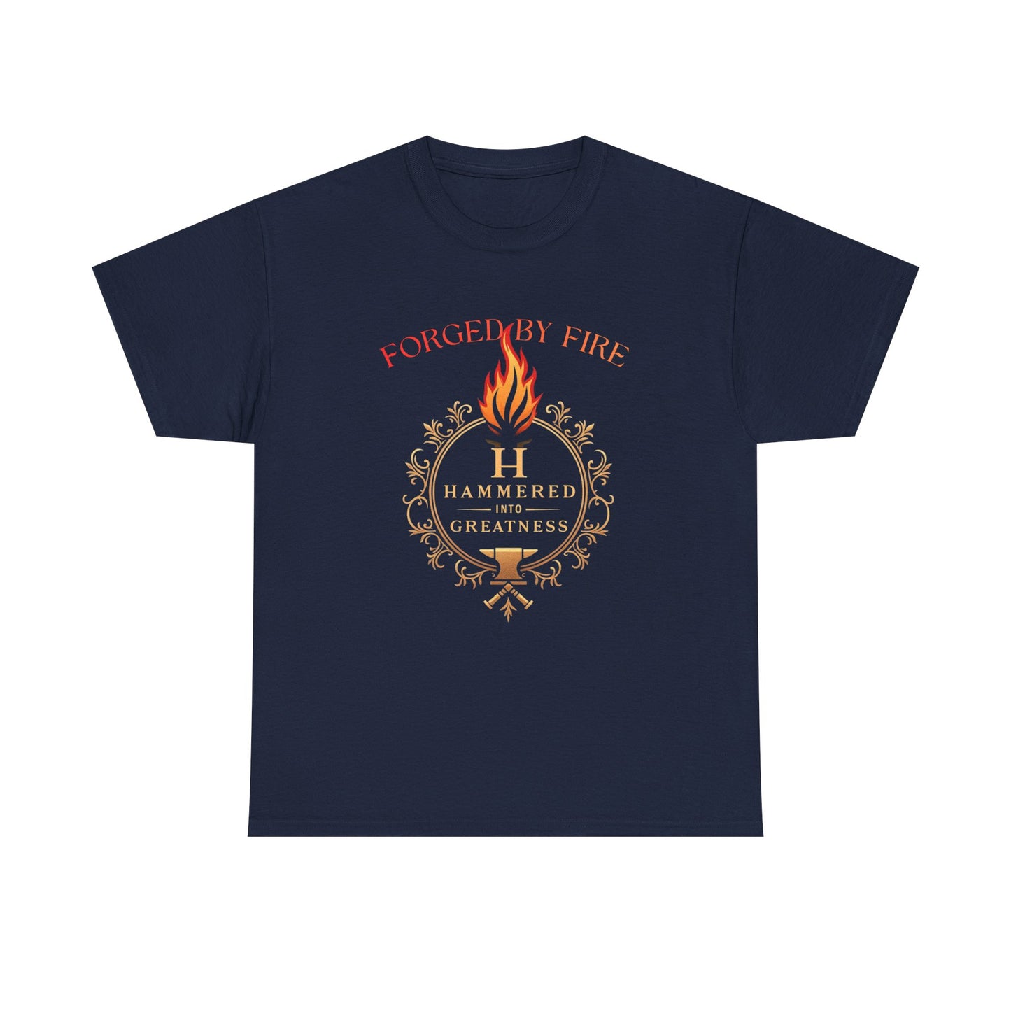Forged By Fire T‑Shirt — Flaming Torch Crest Graphic Tee