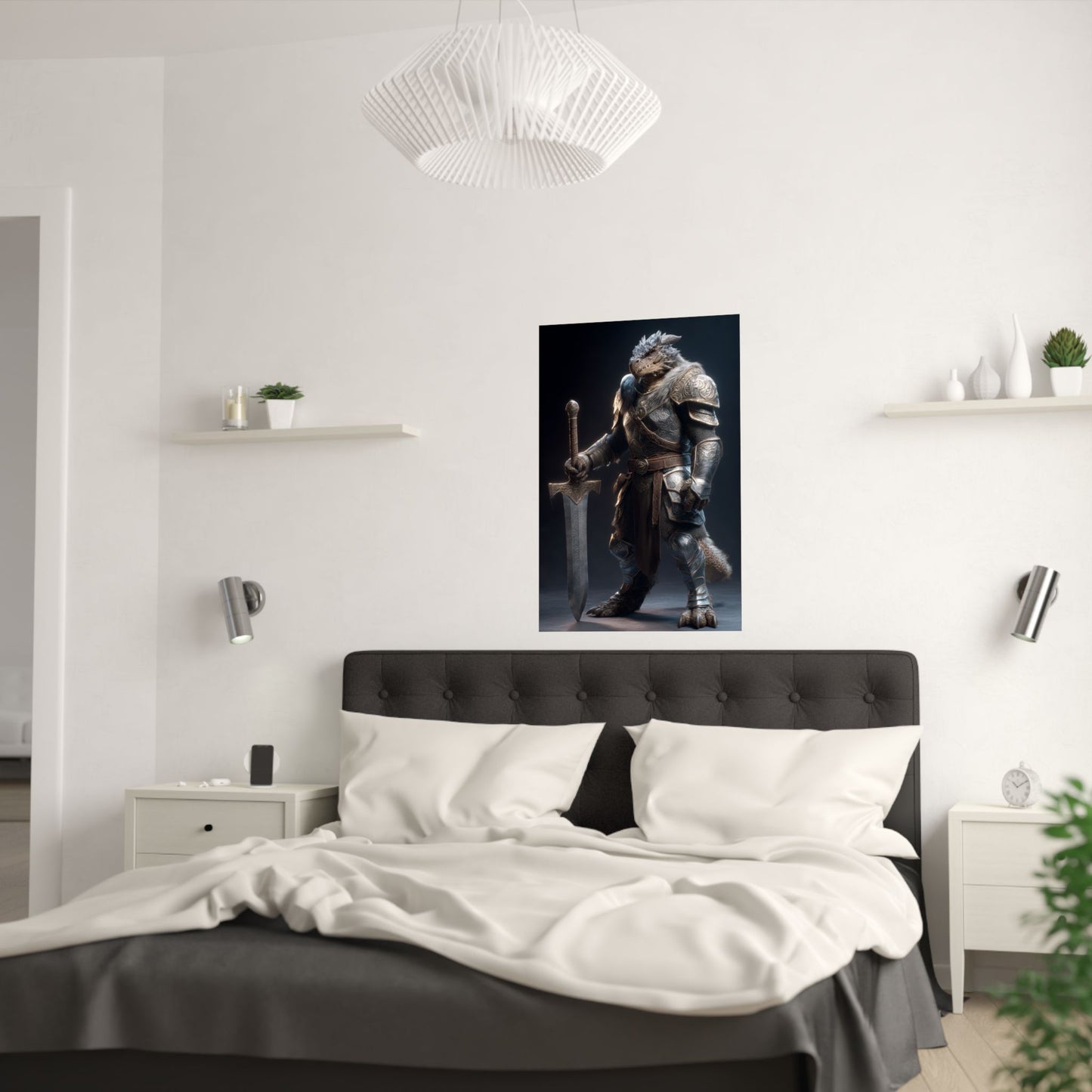 Fantasy Dragon Born Knight Satin Paper Poster — Armored Dragonborn Warrior Wall Art