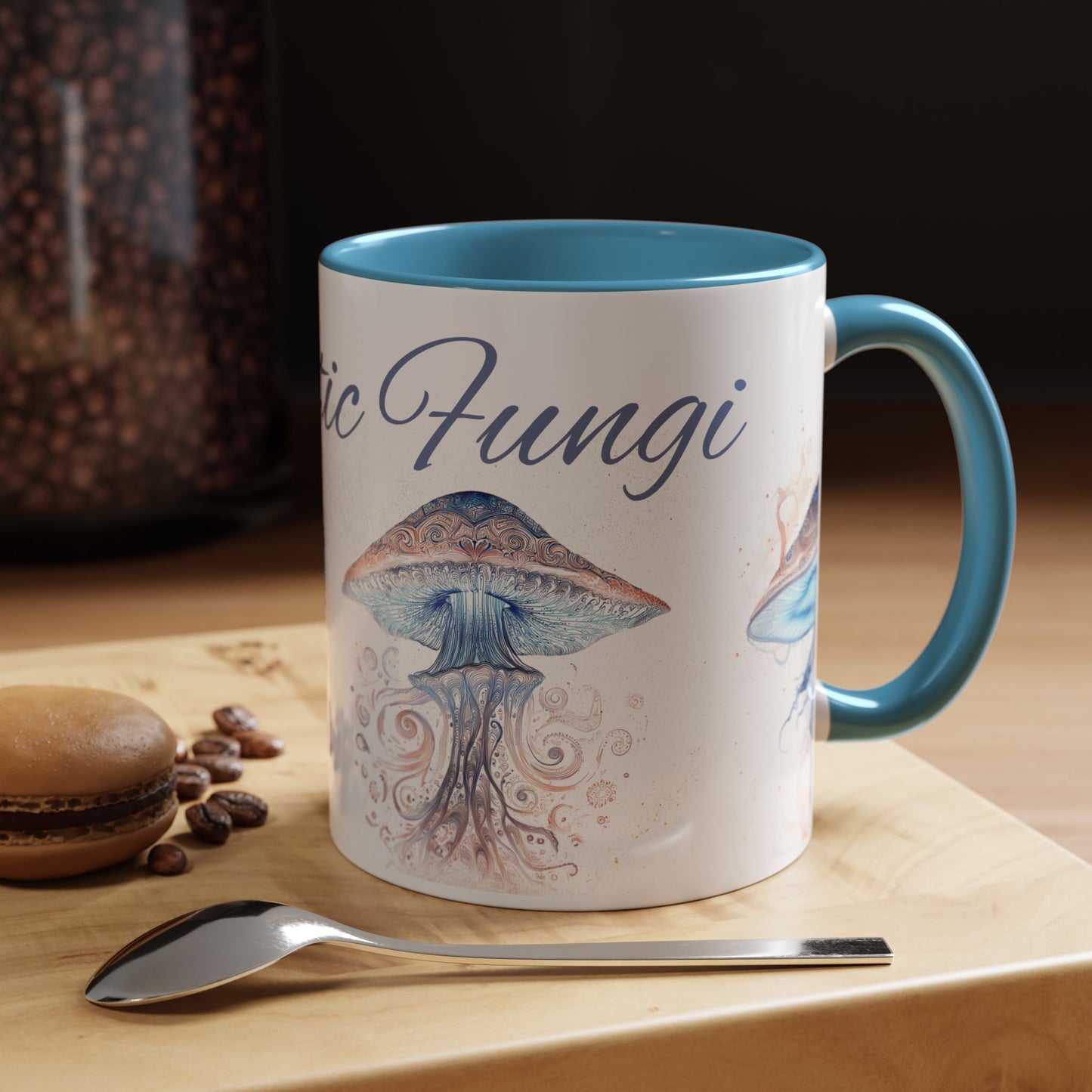 Fantastic Fungi Blue Accent Coffee Mug — Mushroom Art Tea Cup (11/15oz)