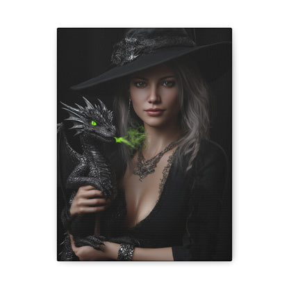Mystical Dragon Wall Art, Dark Fantasy Home Decor, Witch and Dragon Canvas, Enchanted Art Print, Gothic Room Decoration