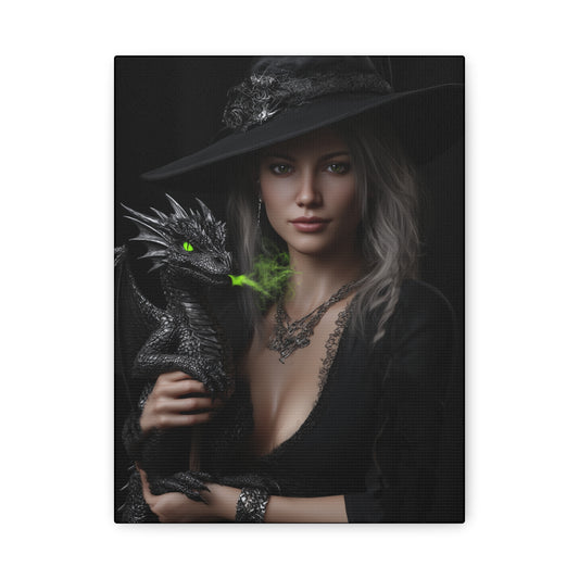 Mystical Dragon Wall Art, Dark Fantasy Home Decor, Witch and Dragon Canvas, Enchanted Art Print, Gothic Room Decoration