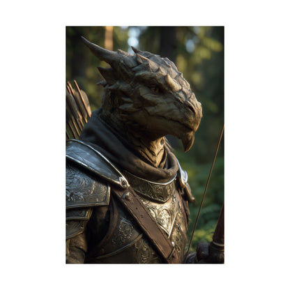 Fantasy Dragonborn Ranger Satin Paper Poster — Armored Dragonborn Ranger Wall Art