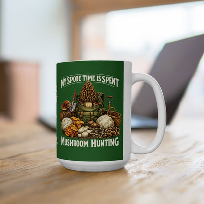 Mushroom Hunting Ceramic Mug — "My Spare Time Is Spent Mushroom Hunting" Coffee Cup
