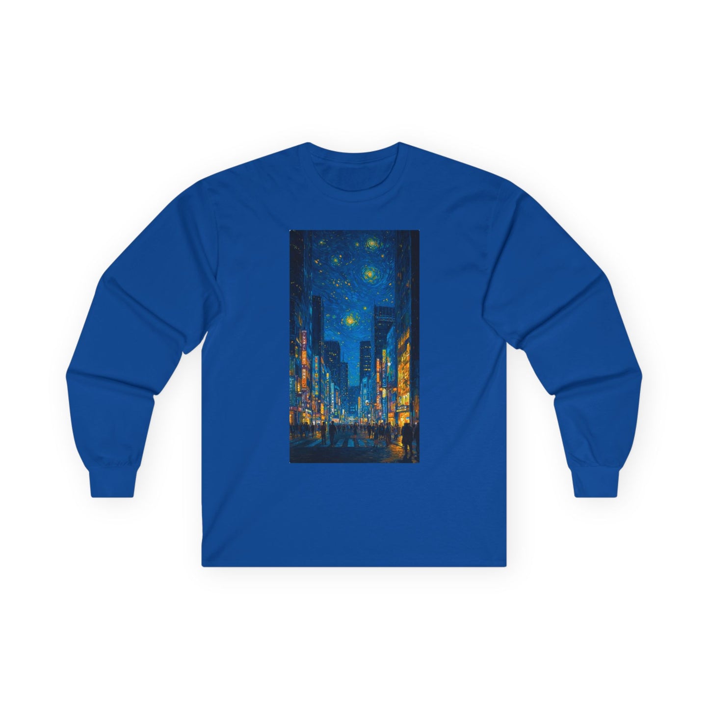 Starry Cityscape Long Sleeve Tee — Night Skyline Urban Art Shirt