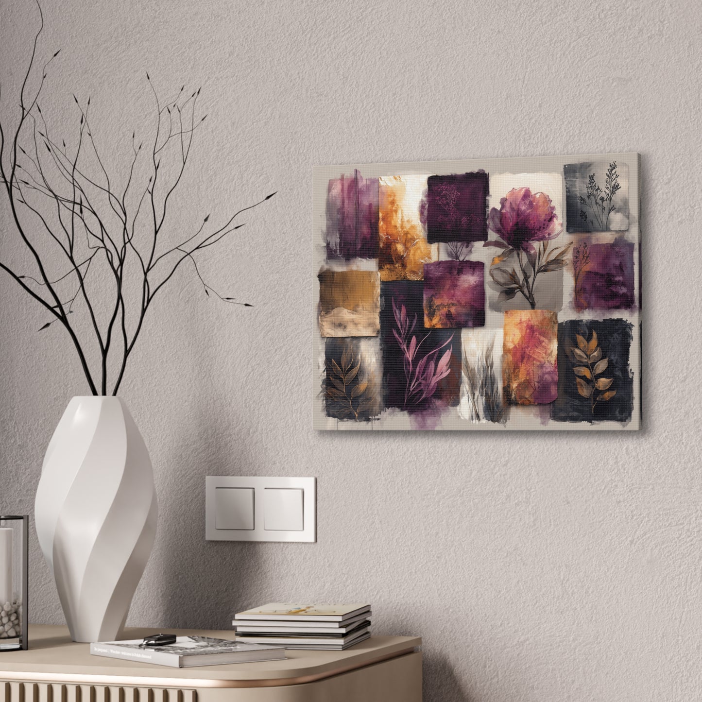 Golden Plum Series #2 -Floral Canvas Wall Art, Abstract Flowers Print, Home Decor, Living Room Artwork, Purple and Gold Wall Decor