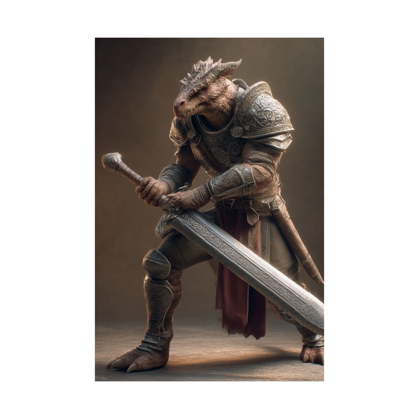 Fantasy Dragon Born Warrior Satin Paper Poster — Armored Dragonborn Fighter Wall Art