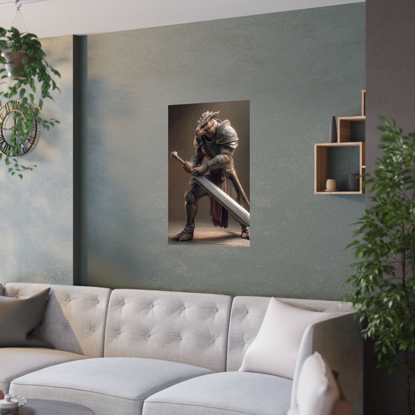 Fantasy Dragon Born Warrior Satin Paper Poster — Armored Dragonborn Fighter Wall Art