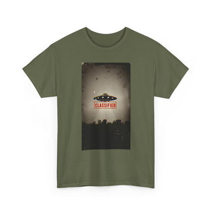 Classified UFO --Unisex Heavy Cotton Tee, Alien Graphic Tee, Sci-Fi Shirt, Gift for UFO Lovers, Casual Wear, Halloween Costume