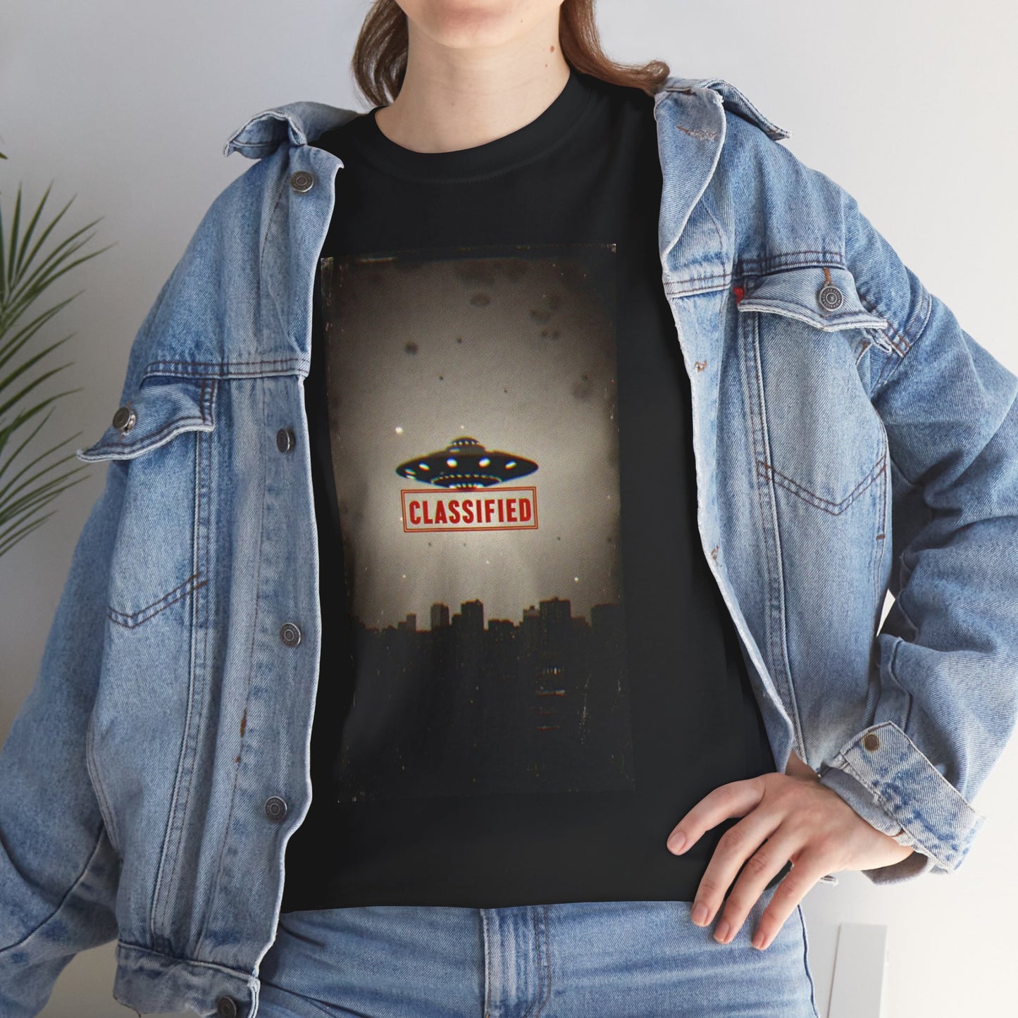 Classified UFO --Unisex Heavy Cotton Tee, Alien Graphic Tee, Sci-Fi Shirt, Gift for UFO Lovers, Casual Wear, Halloween Costume