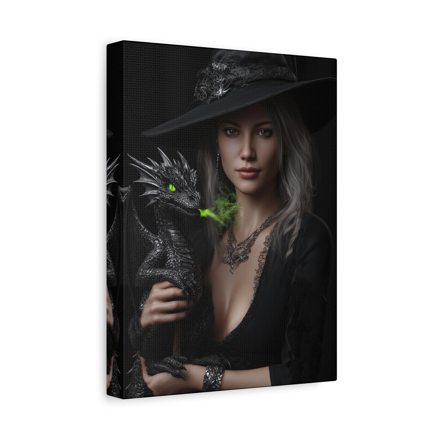 Mystical Dragon Wall Art, Dark Fantasy Home Decor, Witch and Dragon Canvas, Enchanted Art Print, Gothic Room Decoration