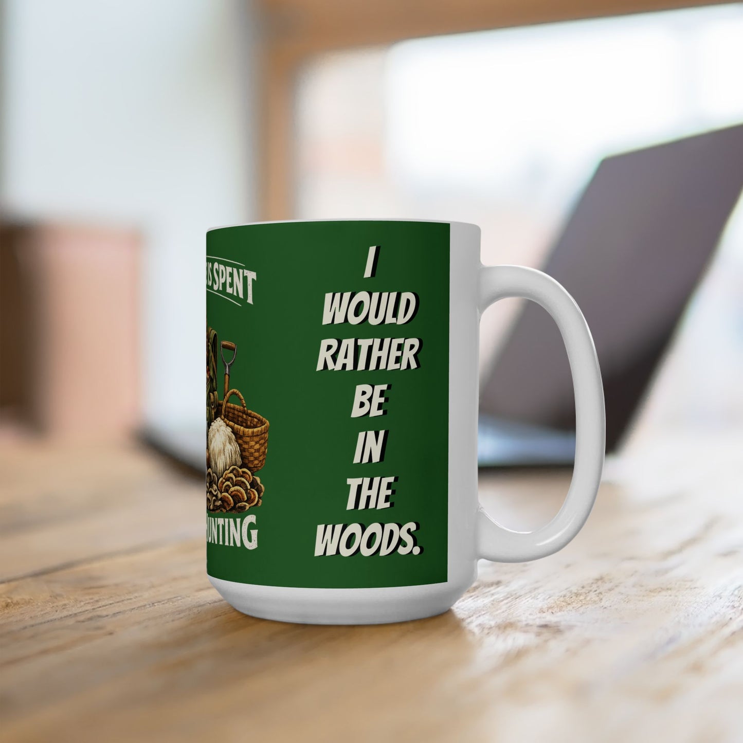 Mushroom Hunting Ceramic Mug 2 — "My Spare Time Is Spent Mushroom Hunting" Coffee Cup