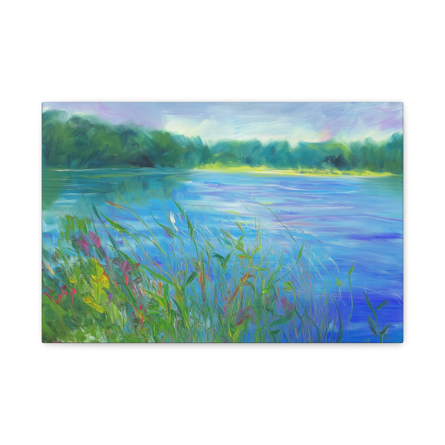 Lakeside Tranquility -- Serene Landscape Wall Art Canvas, Colorful Nature Decor,