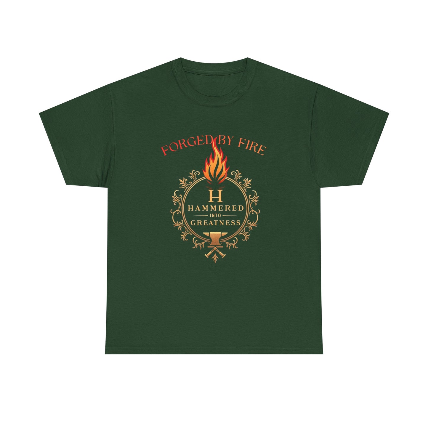 Forged By Fire T‑Shirt — Flaming Torch Crest Graphic Tee