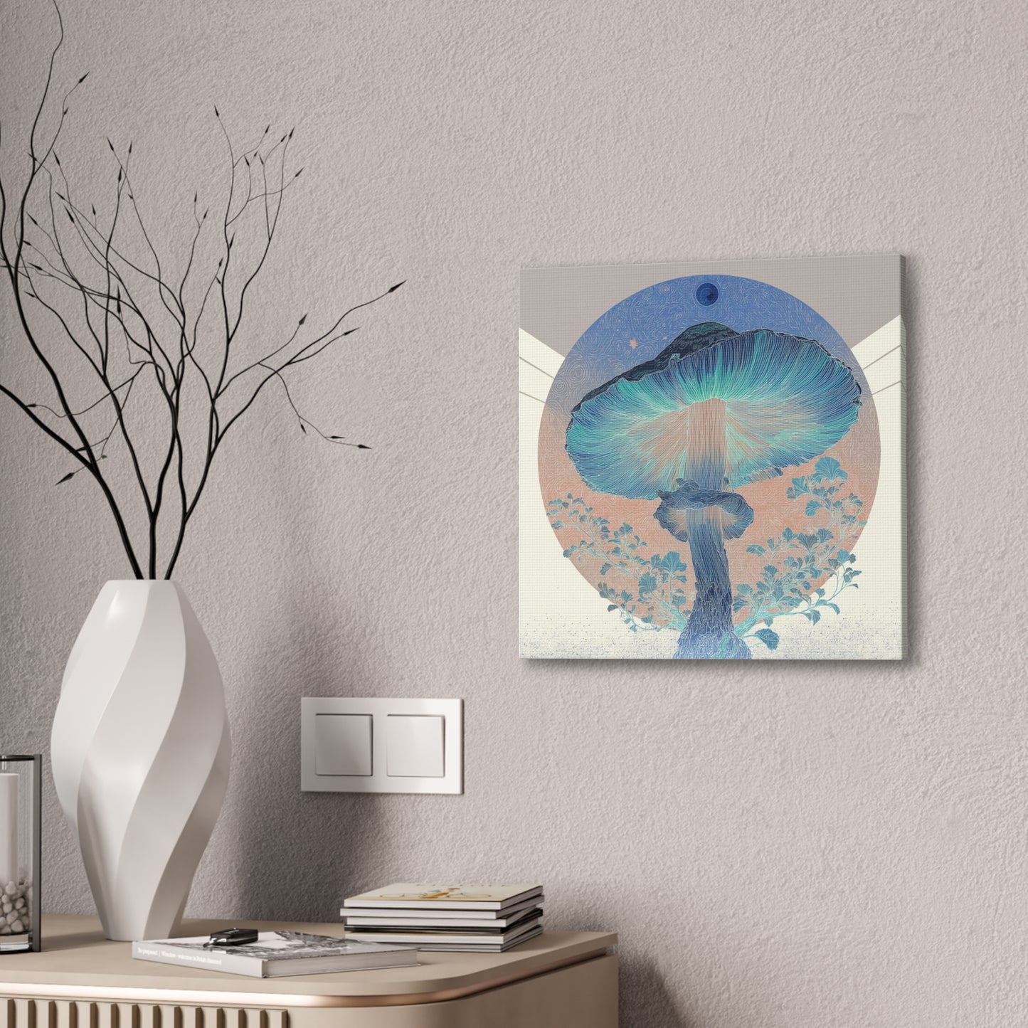 Moonlight Mushroom Inverse-Mushroom Canvas Art, Stretched Wall Decor, Bohemian Home Decor, Psychedelic Wall Art, Nature-Inspired Art