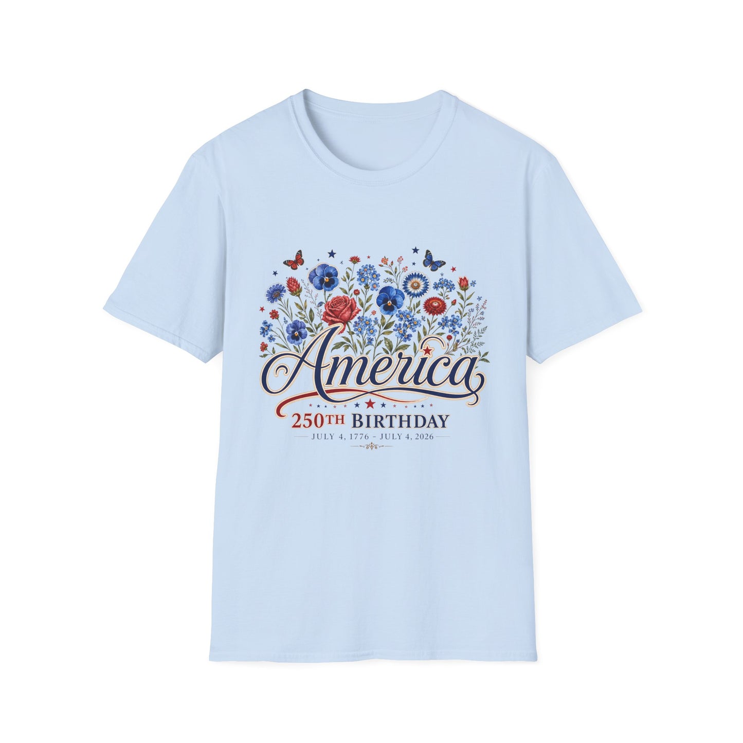 America 250th Birthday Floral T-Shirt — Patriotic 4th of July Tee
