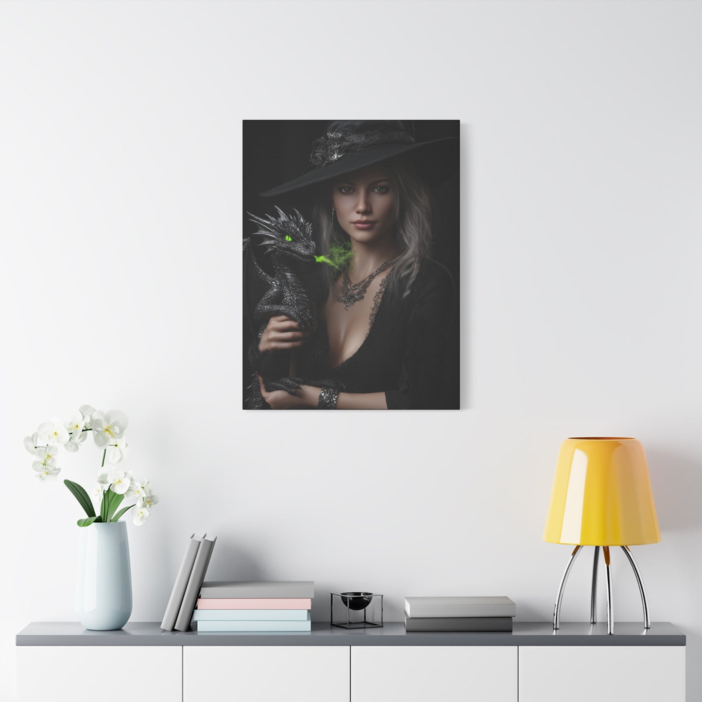 Mystical Dragon Wall Art, Dark Fantasy Home Decor, Witch and Dragon Canvas, Enchanted Art Print, Gothic Room Decoration