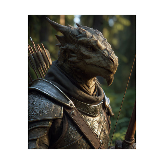 Fantasy Dragonborn Ranger Satin Paper Poster — Armored Dragonborn Ranger Wall Art