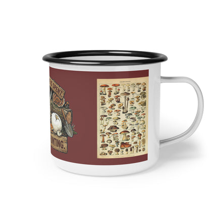 Enamel Camp Cup - 'My Spore Time Is Spent' Mushroom Hunting Mug with Mushroom ID Chart