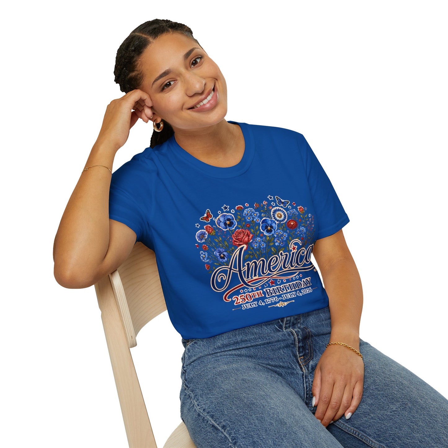 America 250th Birthday Floral T-Shirt — Patriotic 4th of July Tee