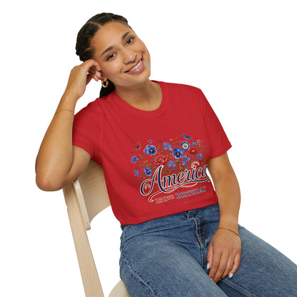 America 250th Birthday Floral T-Shirt — Patriotic 4th of July Tee