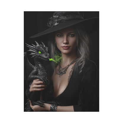 Mystical Dragon Wall Art, Dark Fantasy Home Decor, Witch and Dragon Canvas, Enchanted Art Print, Gothic Room Decoration