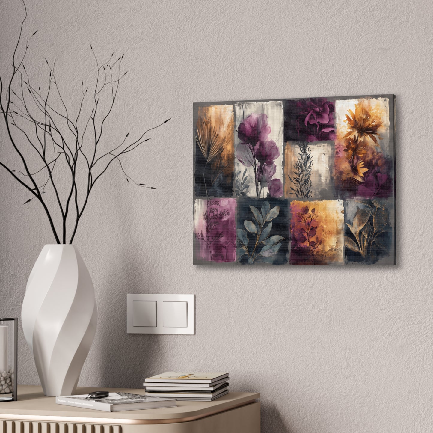 Golden Plum Series #1 Floral Canvas Wall Art, Abstract Flowers Print, Home Decor, Living Room Artwork, Purple and Gold Wall Decor