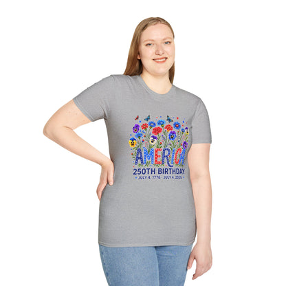 America 250th Birthday T-Shirt – July 4, 1776–2026 Patriotic Floral Tee