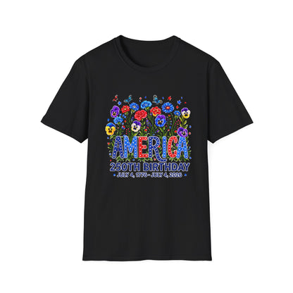 America 250th Birthday T-Shirt – July 4, 1776–2026 Patriotic Floral Tee