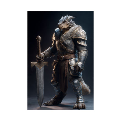 Fantasy Dragon Born Knight Satin Paper Poster — Armored Dragonborn Warrior Wall Art