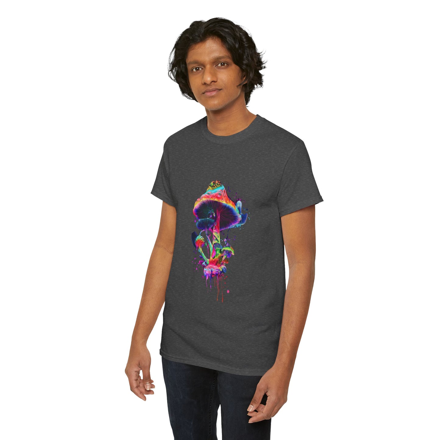 Colorful Psychedelic Mushroom Tee, Unisex Heavy Cotton T-Shirt, Vibrant Graphic Shirt, Perfect for Festivals, Eco-friendly Gift, Casual Wear