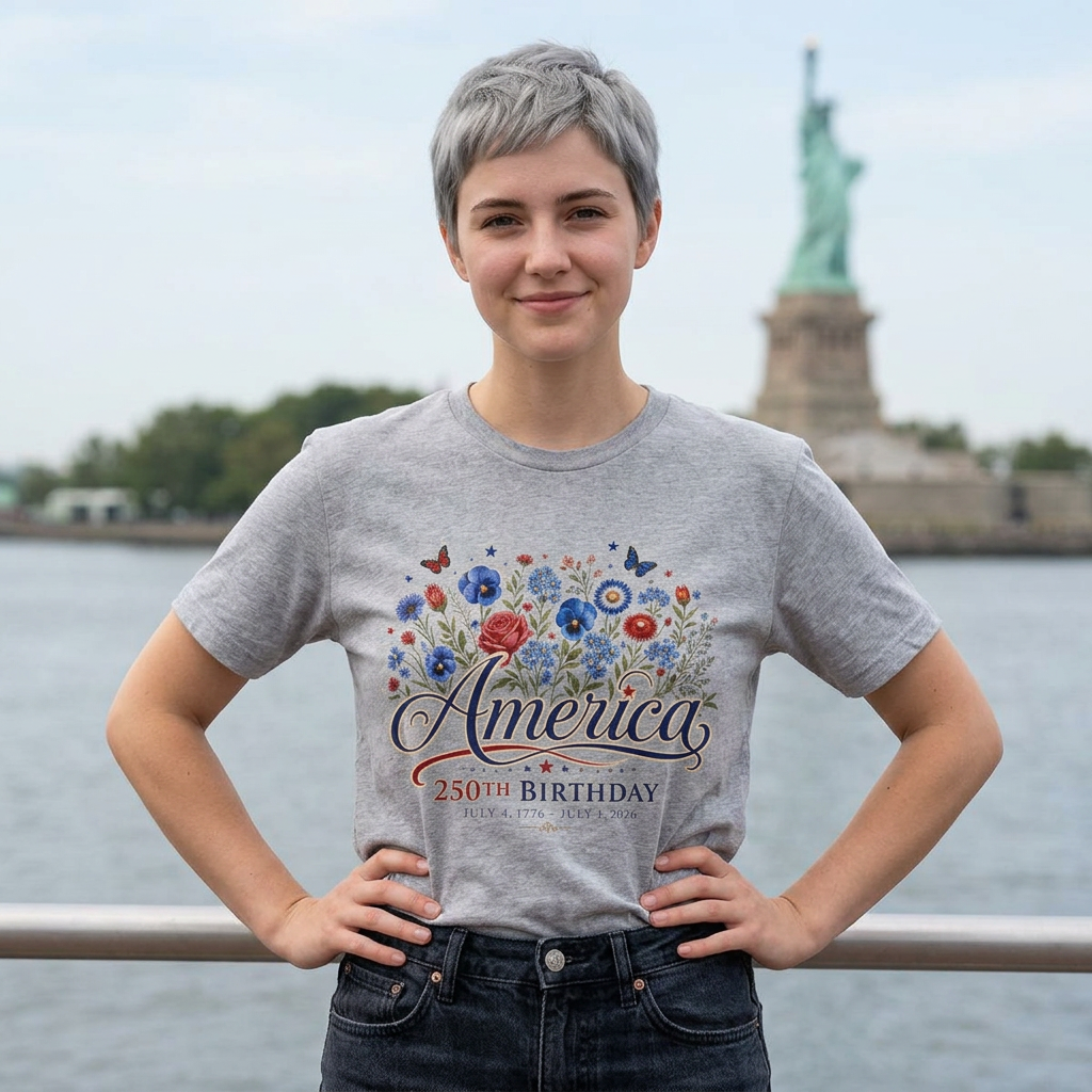 America 250th Birthday Floral T-Shirt — Patriotic 4th of July Tee
