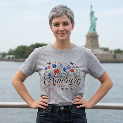 America 250th Birthday Floral T-Shirt — Patriotic 4th of July Tee