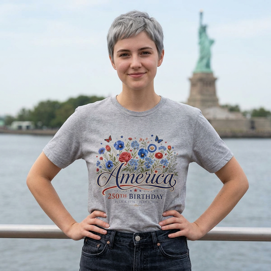 America 250th Birthday Floral T-Shirt — Patriotic 4th of July Tee