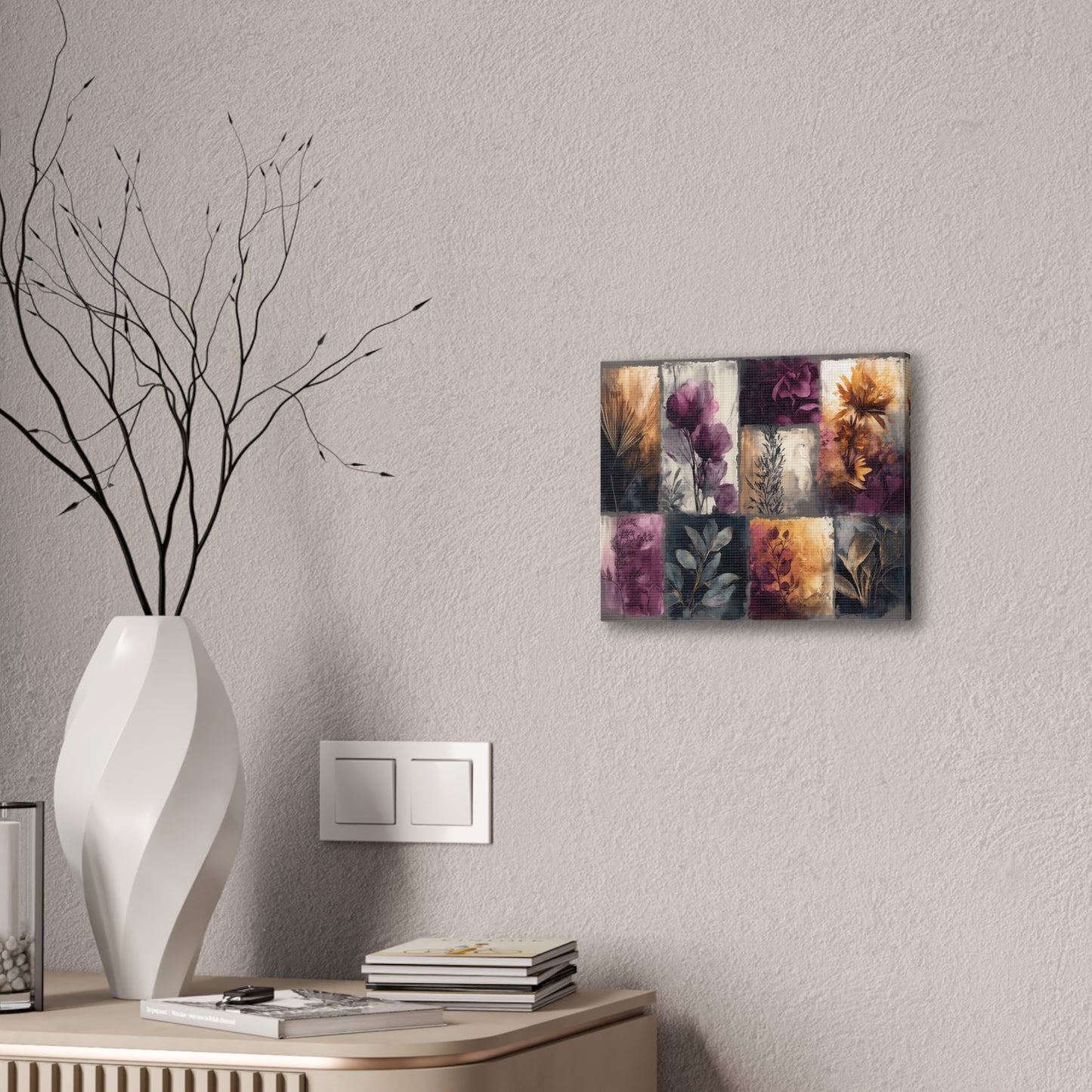 Golden Plum Series #1 Floral Canvas Wall Art, Abstract Flowers Print, Home Decor, Living Room Artwork, Purple and Gold Wall Decor