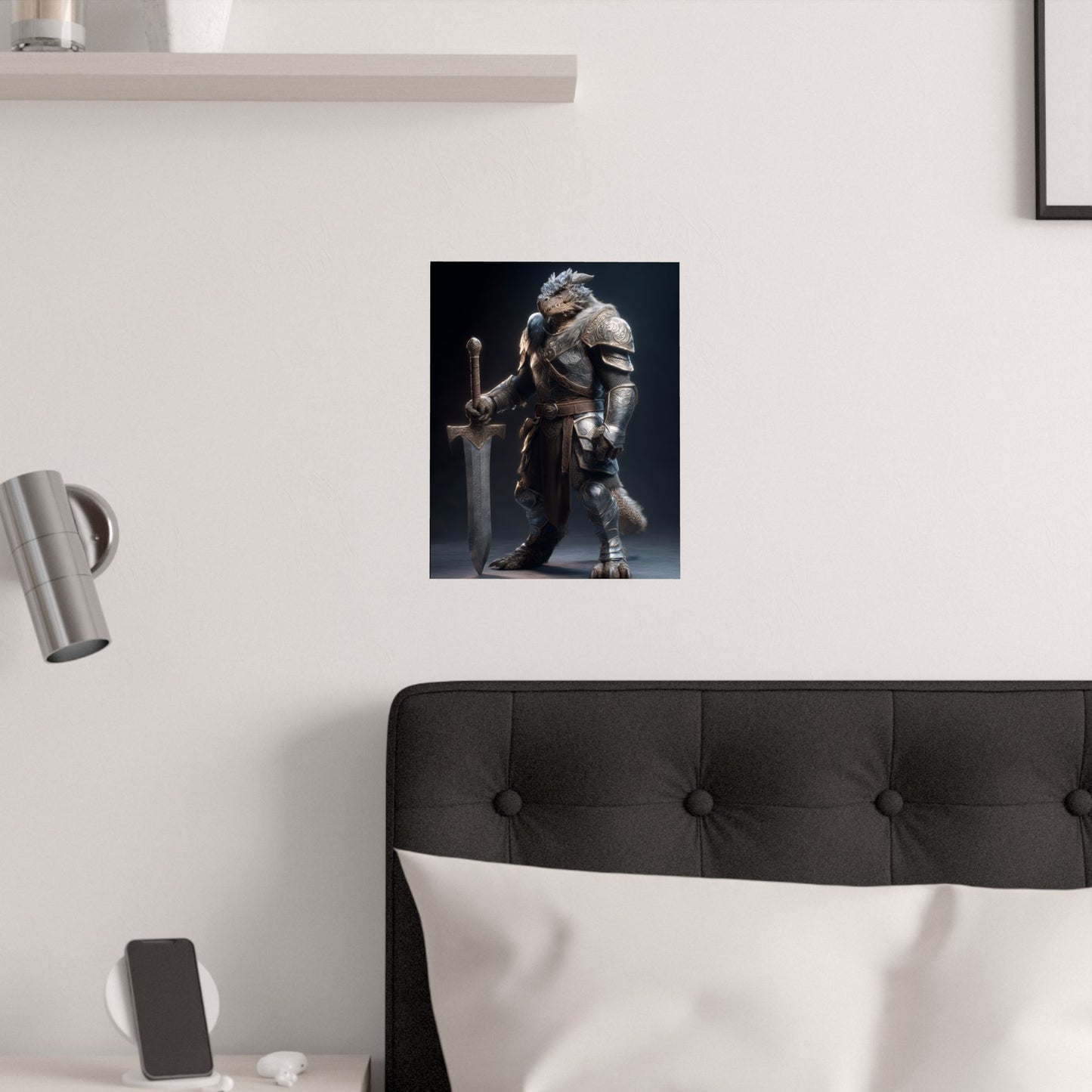 Fantasy Dragon Born Knight Satin Paper Poster — Armored Dragonborn Warrior Wall Art