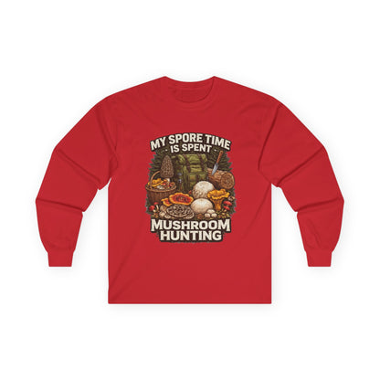 Mushroom Hunting Long Sleeve Tee — "My Spore Time Is Spent" For Foragers & Nature Lovers