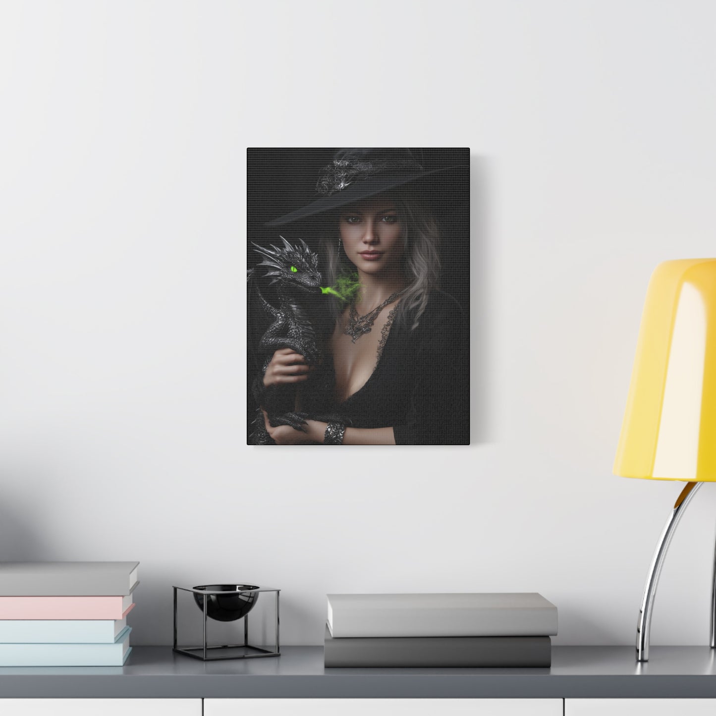 Mystical Dragon Wall Art, Dark Fantasy Home Decor, Witch and Dragon Canvas, Enchanted Art Print, Gothic Room Decoration