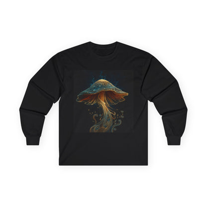 Mystic Golden Mushroom Long Sleeve Tee — Glowing Fungi Fantasy Shirt